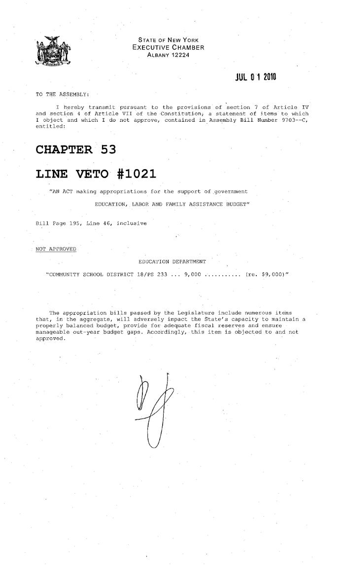 NYS Bill and Veto Jackets: 2010, Line Item Vetoes 1021-1070