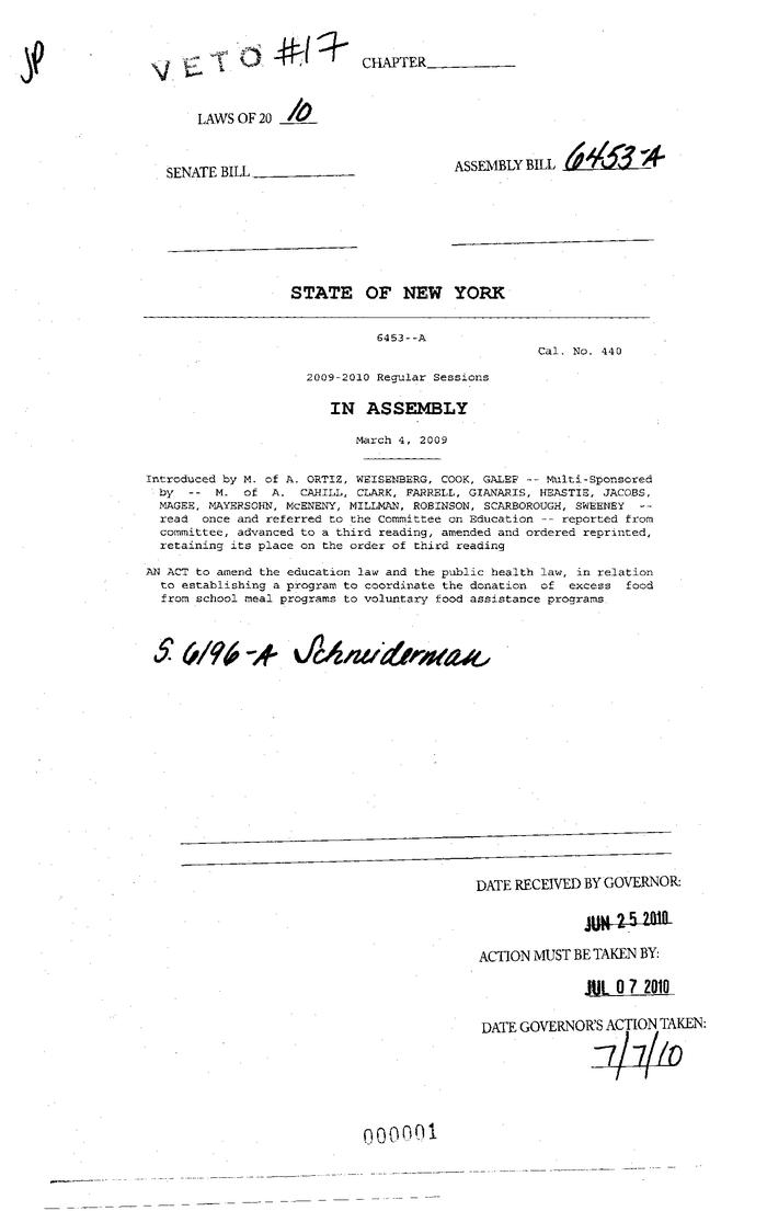 NYS Bill and Veto Jackets: 2010, Veto 17