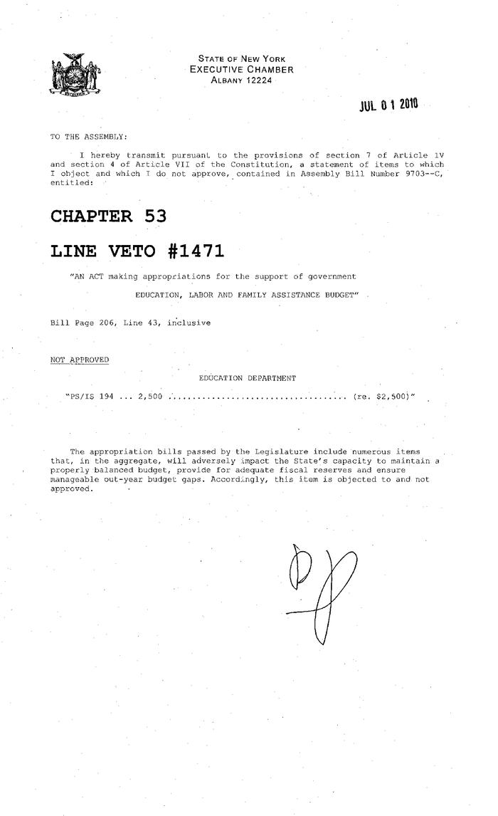 NYS Bill and Veto Jackets: 2010, Line Item Vetoes 1471-1520