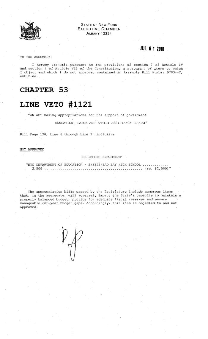 NYS Bill and Veto Jackets: 2010, Line Item Vetoes 1121-1170