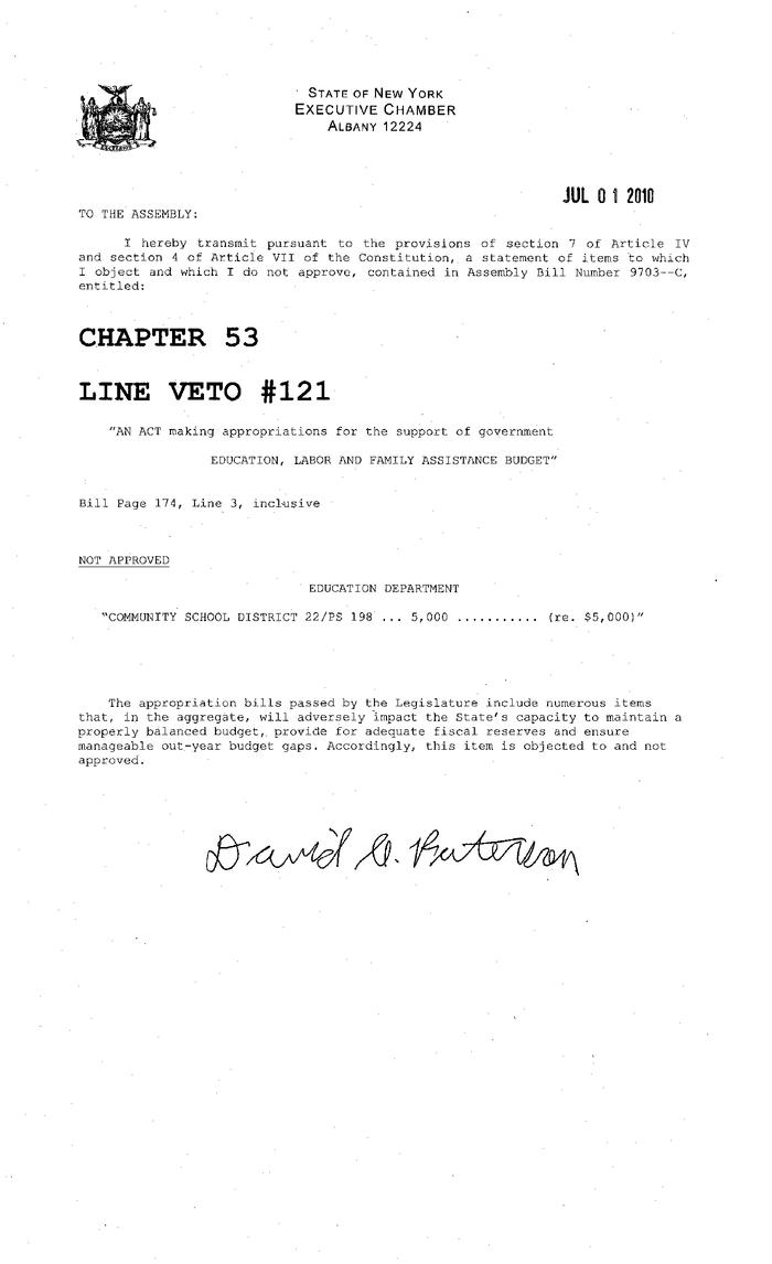 NYS Bill and Veto Jackets: 2010, Line Item Vetoes 121-170