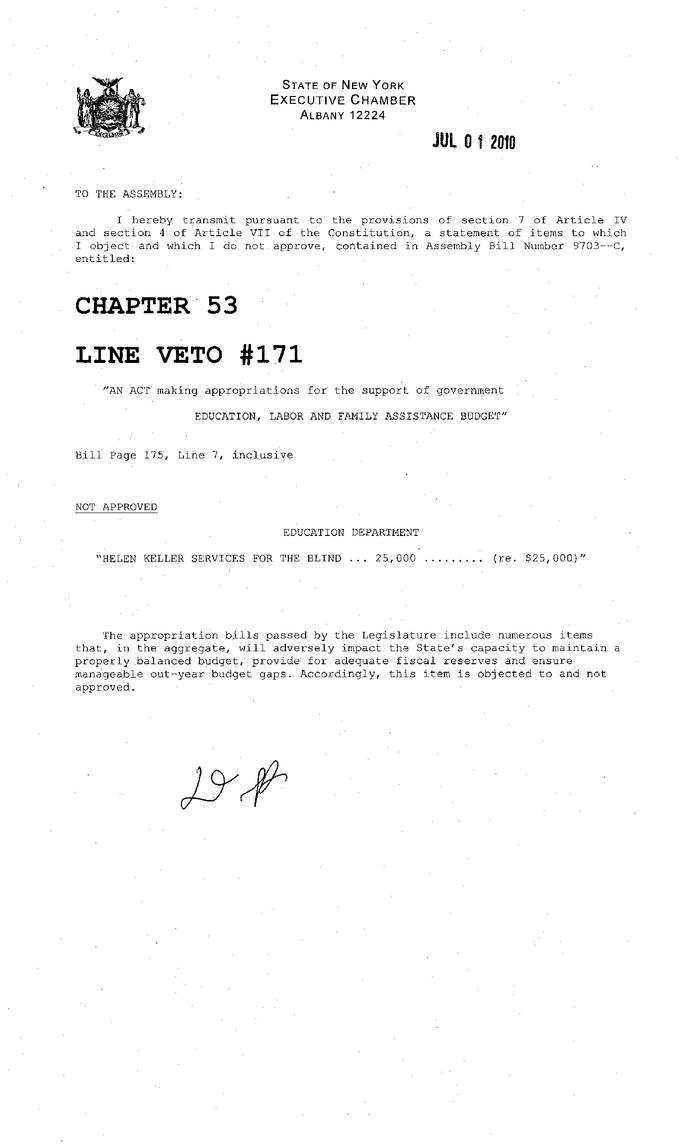 NYS Bill and Veto Jackets: 2010, Line Item Vetoes 171-220