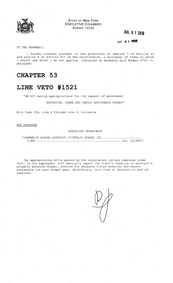 NYS Bill and Veto Jackets: 2010, Line Item Vetoes 1521-1570