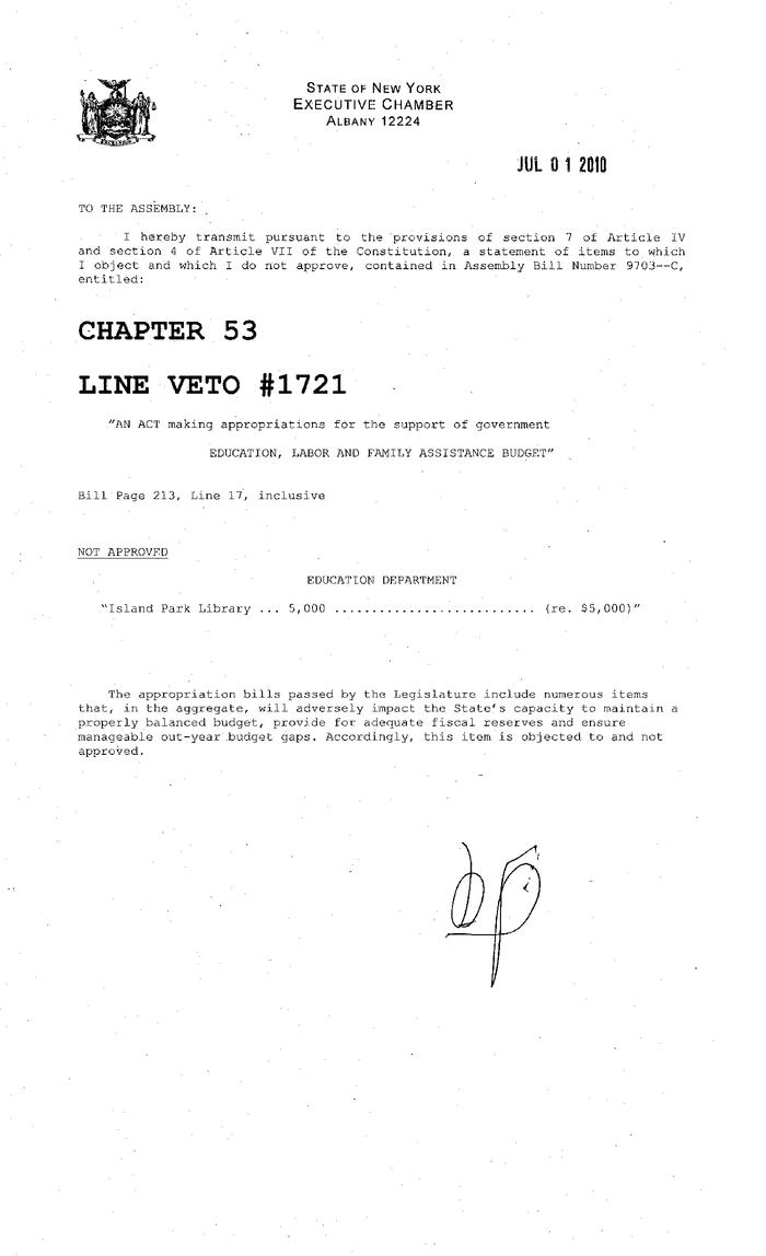 NYS Bill and Veto Jackets: 2010, Line Item Vetoes 1721-1770