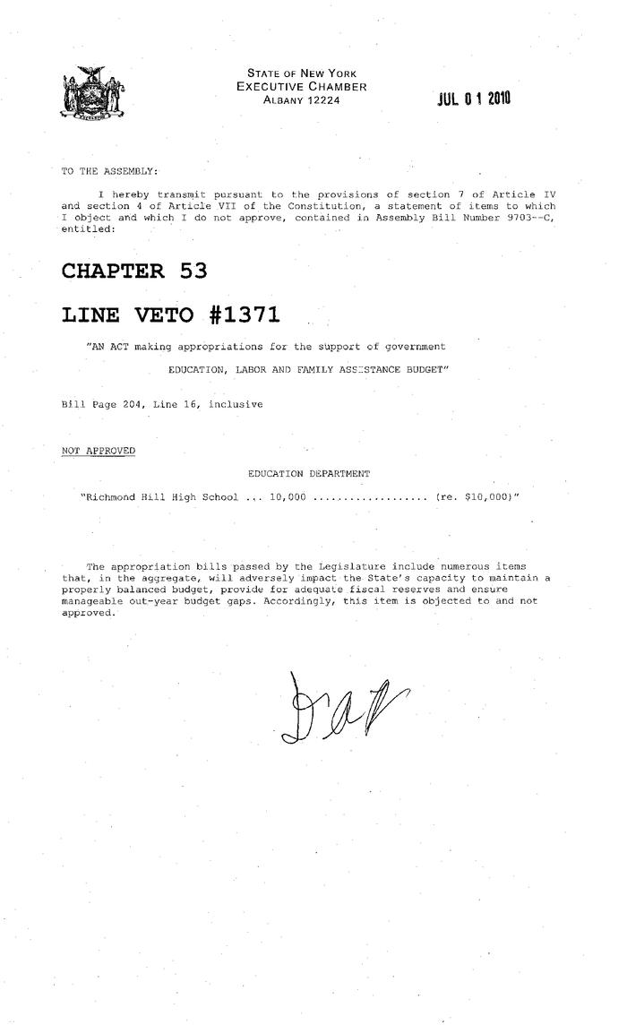 NYS Bill and Veto Jackets: 2010, Line Item Vetoes 1371-1420