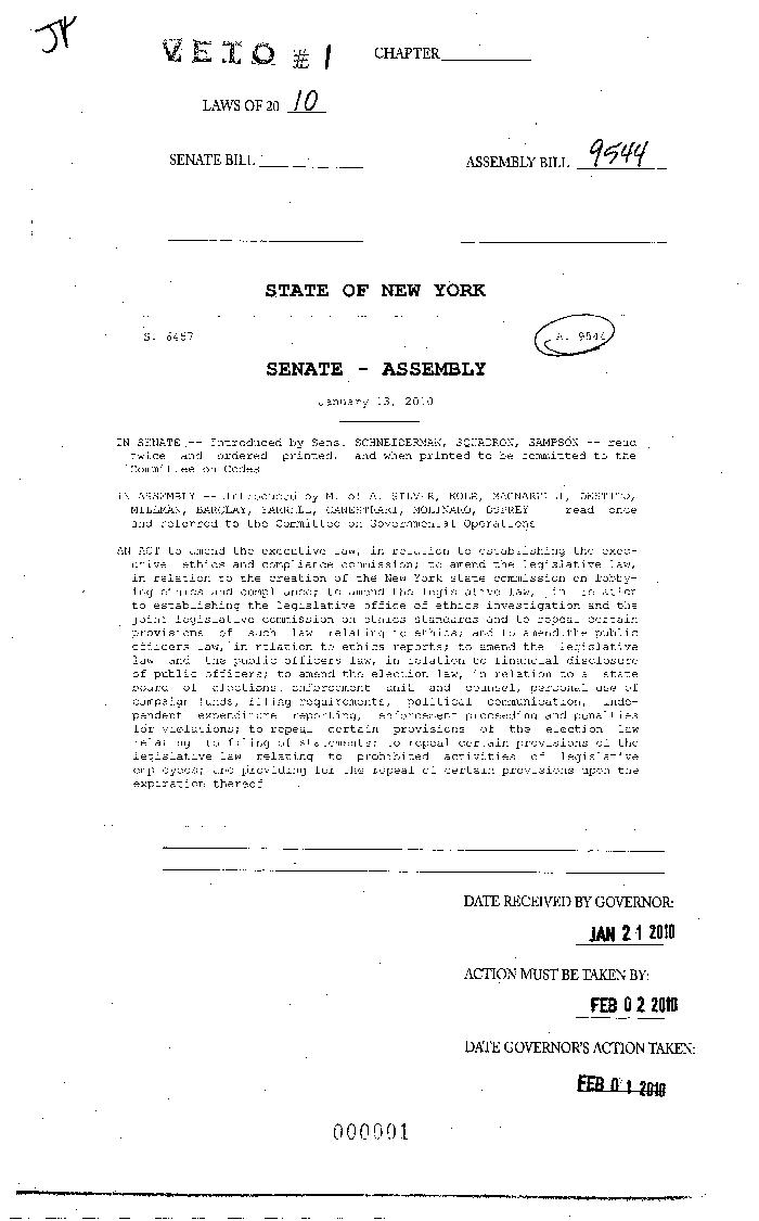 NYS Bill and Veto Jackets: 2010, Veto 1