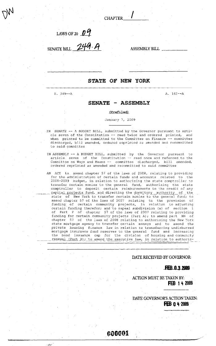 NYS Bill and Veto Jackets: 2009, Chapter 1