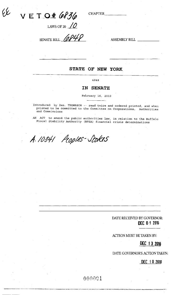 NYS Bill and Veto Jackets: 2010, Veto 6836