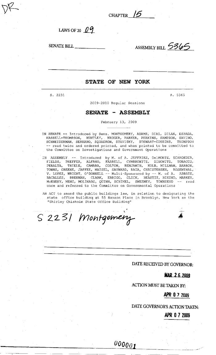 NYS Bill and Veto Jackets: 2009, Chapter 15