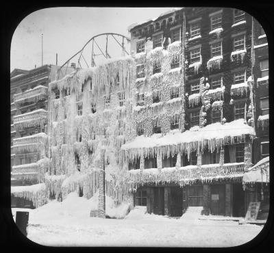 Burned-out block in New York City in winter.