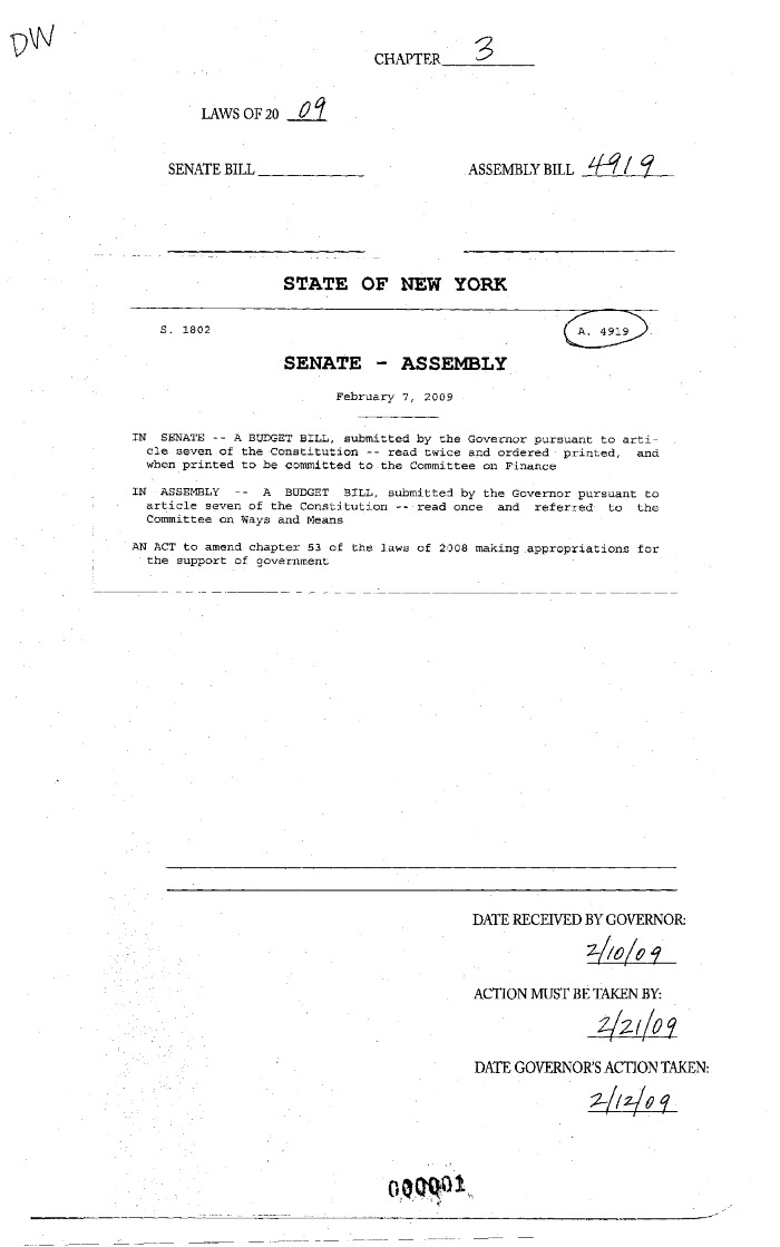 NYS Bill and Veto Jackets: 2009, Chapter 3