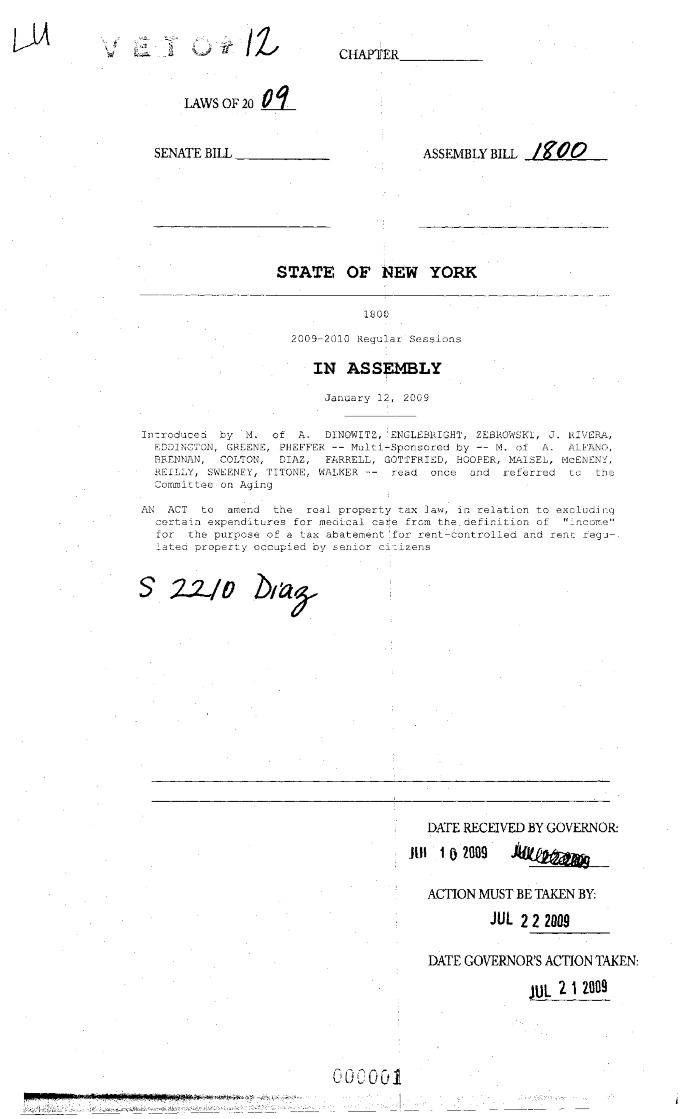 NYS Bill and Veto Jackets: 2009, Veto 12