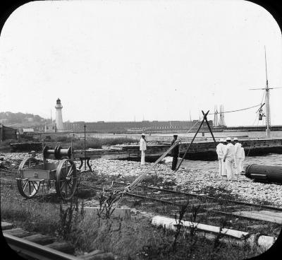 N.Y. Oswego. Life Saving Station, Man in Breeches Buoy.