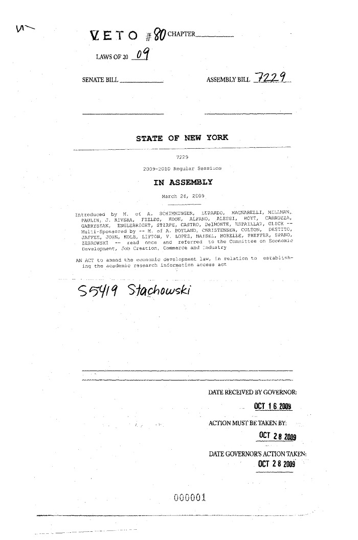 NYS Bill and Veto Jackets: 2009, Veto 80
