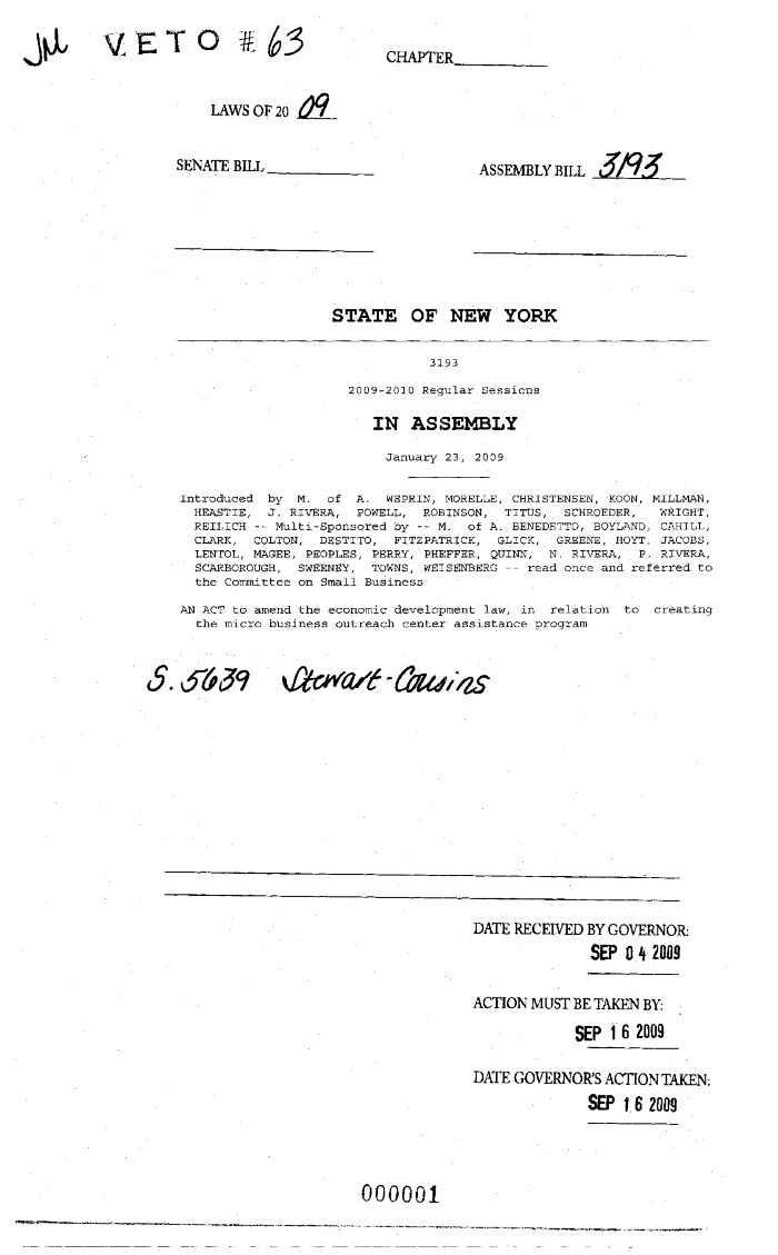 NYS Bill and Veto Jackets: 2009, Veto 63