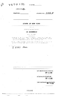 NYS Bill and Veto Jackets: 2009, Veto 72