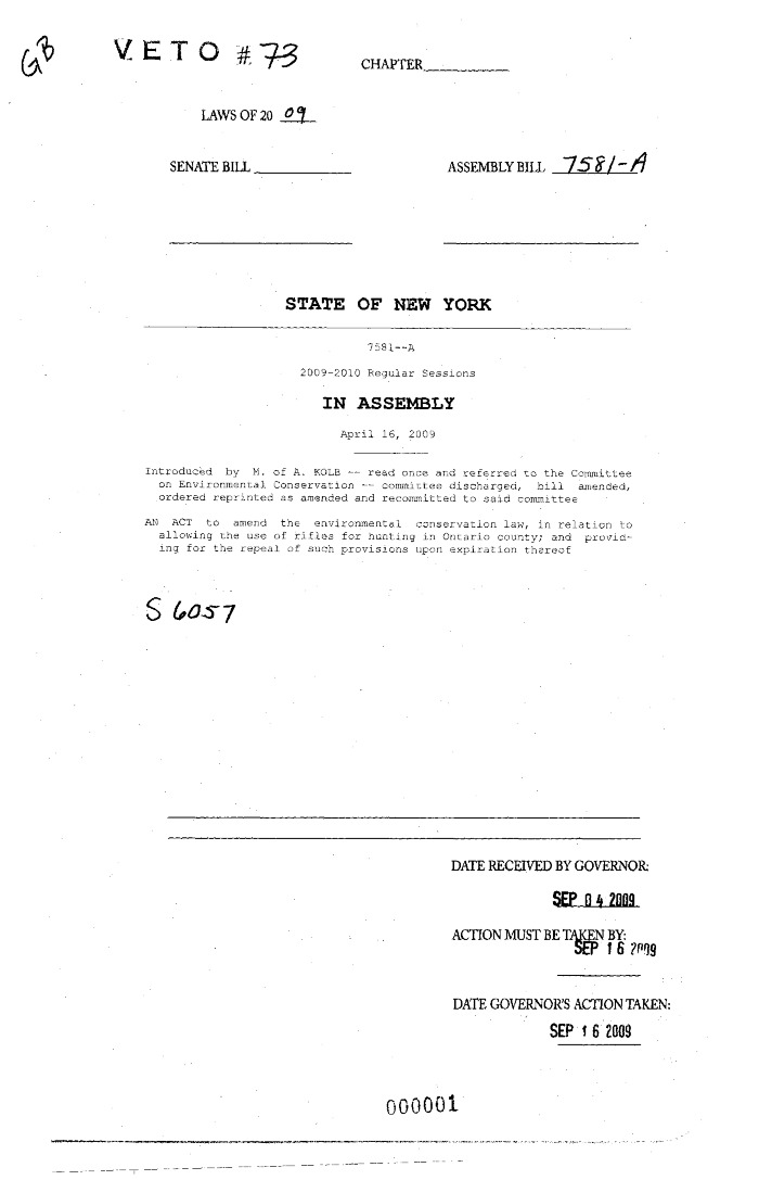 NYS Bill and Veto Jackets: 2009, Veto 73