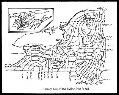 Map of New York State, Showing Average Date of First Killing Frost in Fall.