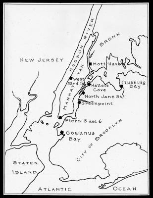 Outline Map of New York City and Vicinity Showing Location of Barge Canal Piers in the Bronx, Manhattan, Brooklyn, and Queens. Prepared by the State Department of Public Works. (1922)