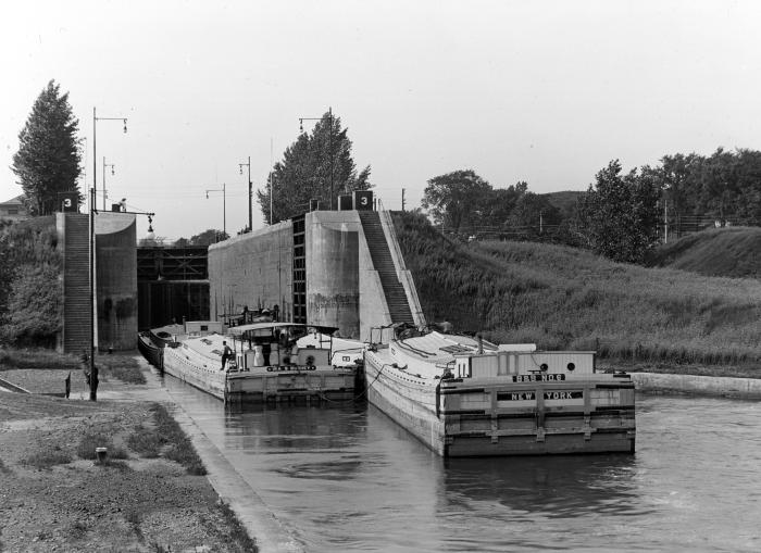 5 Barges Entering Lock 3 from Below at Waterford, New York