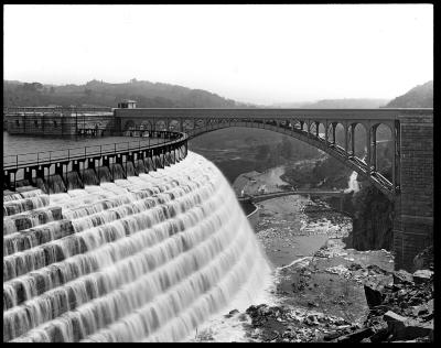 New York. Croton Dam from above, showing spillway, gates, bridges and Croton River Valley. Westchester Co.