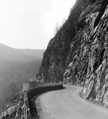 New York. Hudson River. State Highway along southeast face of Storm King Mountain; double curve, view south