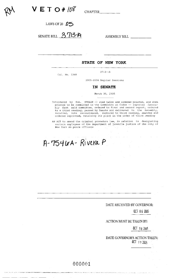 NYS Bill and Veto Jackets: 2005,  Veto 108