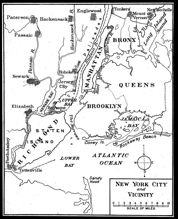 Map Outlining boroughs of New York City and Showing Location of Nearby Cities