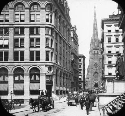 N.Y. New York City. Wall Street Looking West, Showing Trinity Church and Subtreasury Building.