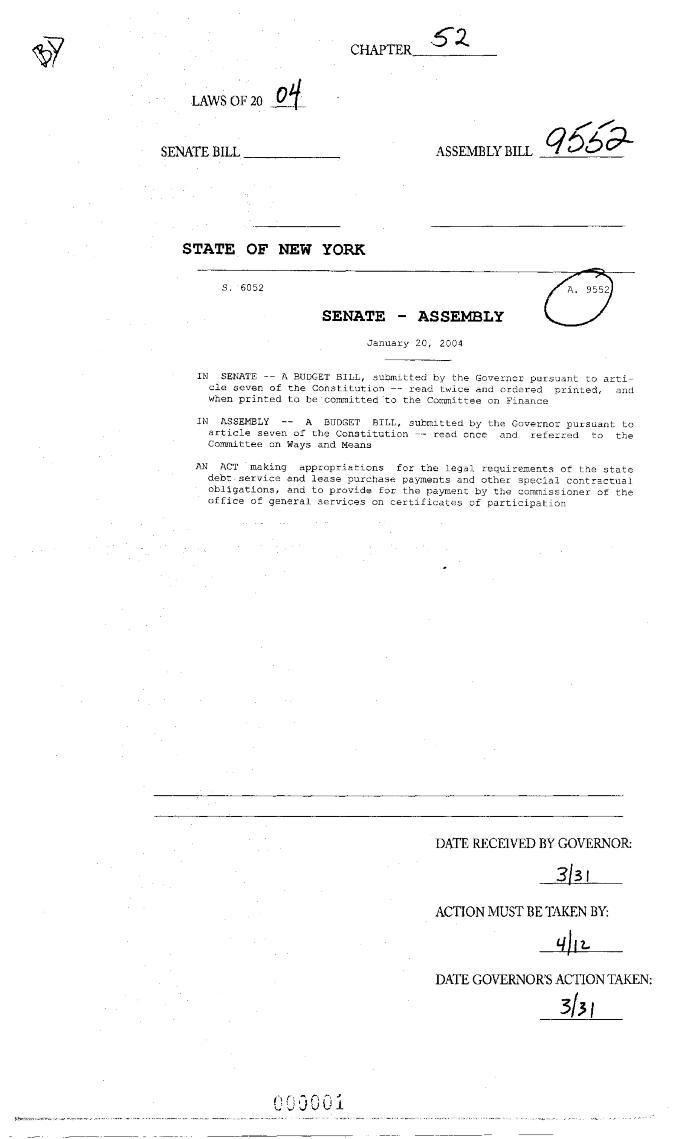 NYS Bill and Veto Jackets: 2004, Chapter 52