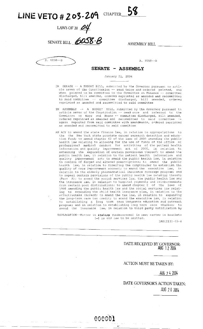 NYS Bill and Veto Jackets: 2004, Chapter 58