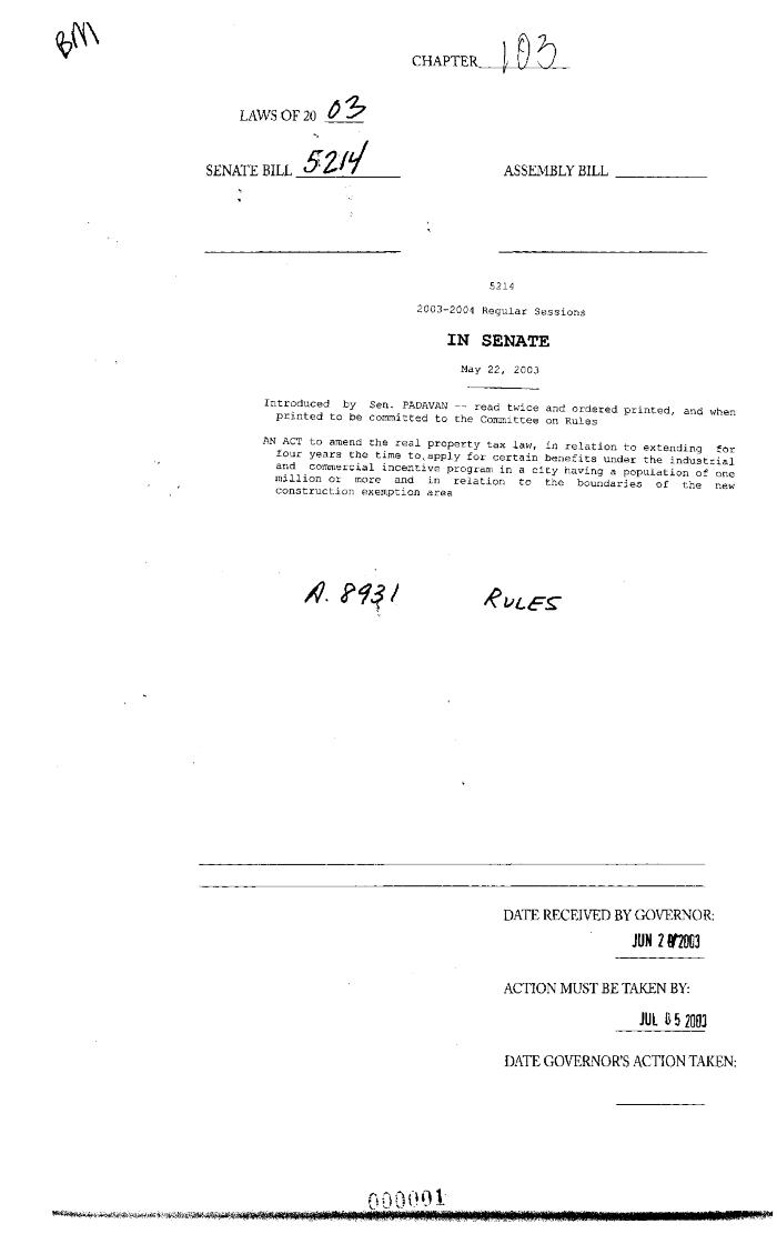 NYS Bill and Veto Jackets: 2003, Chapter 103