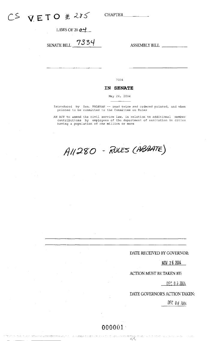 NYS Bill and Veto Jackets: 2004, Veto 285
