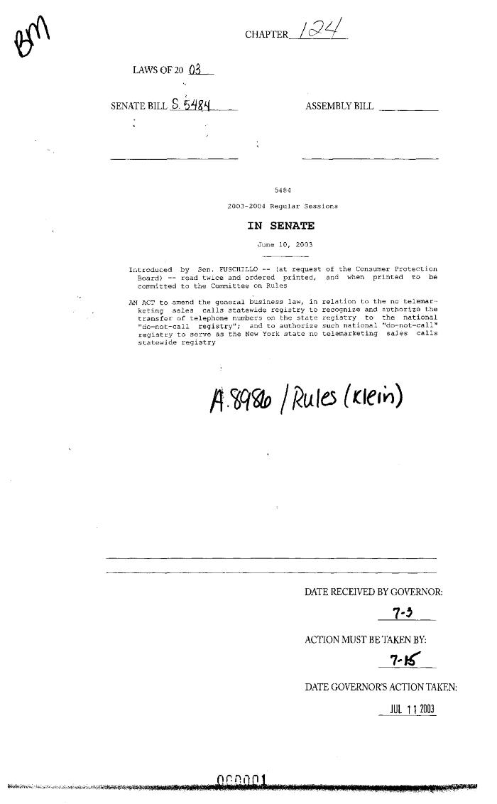 NYS Bill and Veto Jackets: 2003, Chapter 124