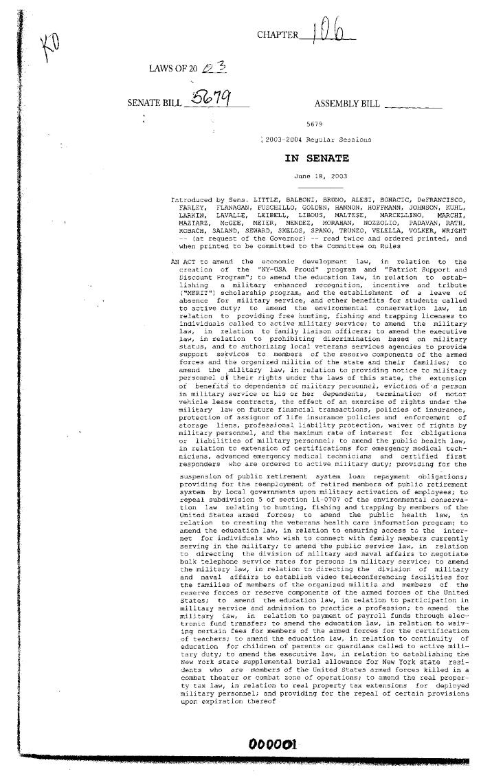 NYS Bill and Veto Jackets: 2003, Chapter 106