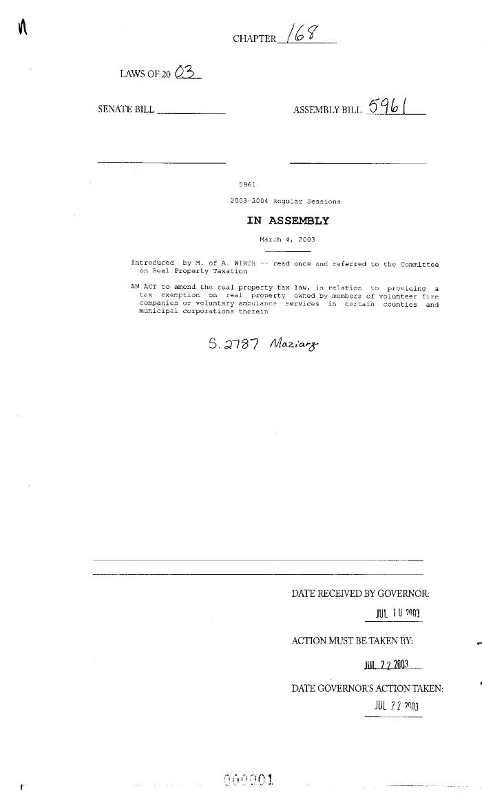 NYS Bill and Veto Jackets: 2003, Chapter 168