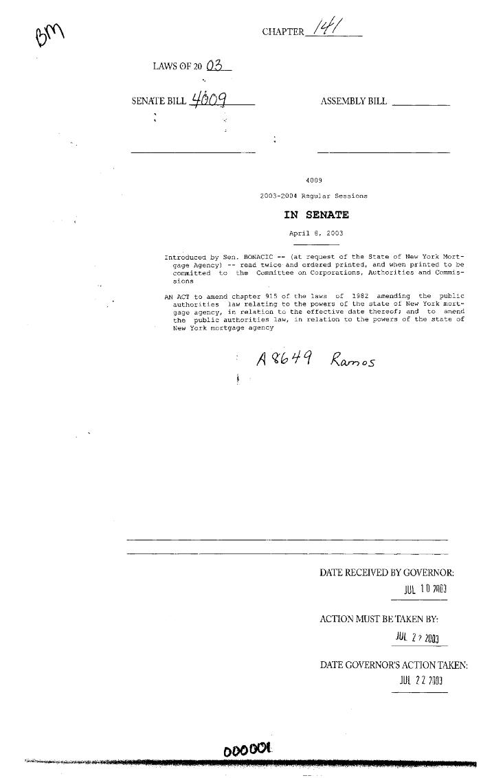 NYS Bill and Veto Jackets: 2003, Chapter 141