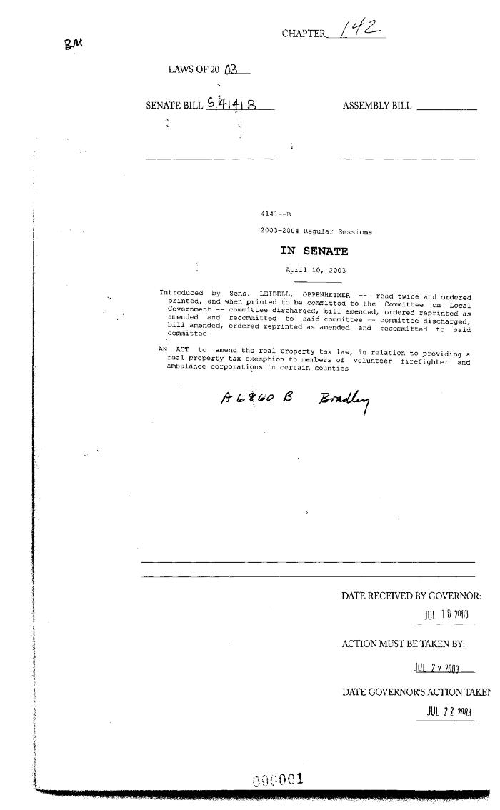 NYS Bill and Veto Jackets: 2003, Chapter 142