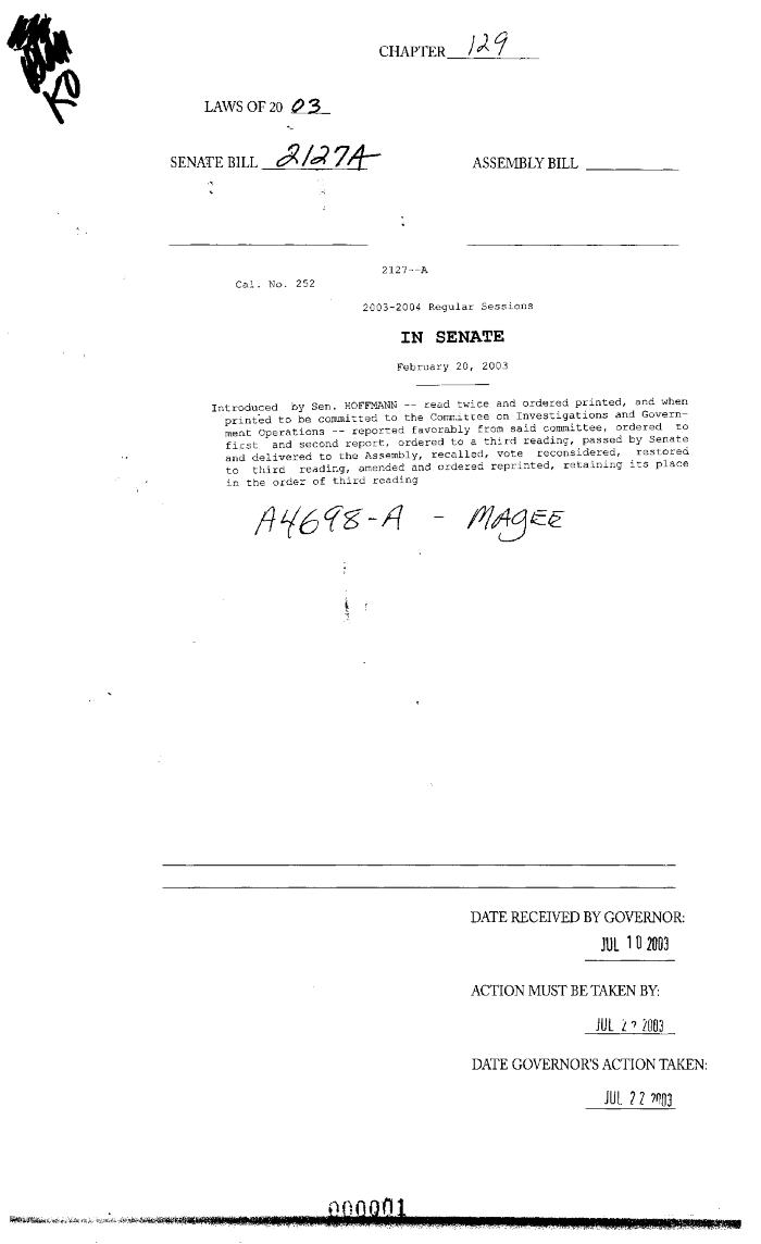 NYS Bill and Veto Jackets: 2003, Chapter 129