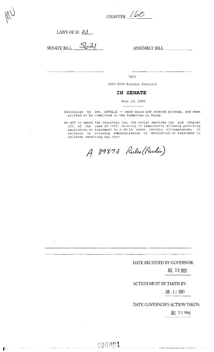NYS Bill and Veto Jackets: 2003, Chapter 160