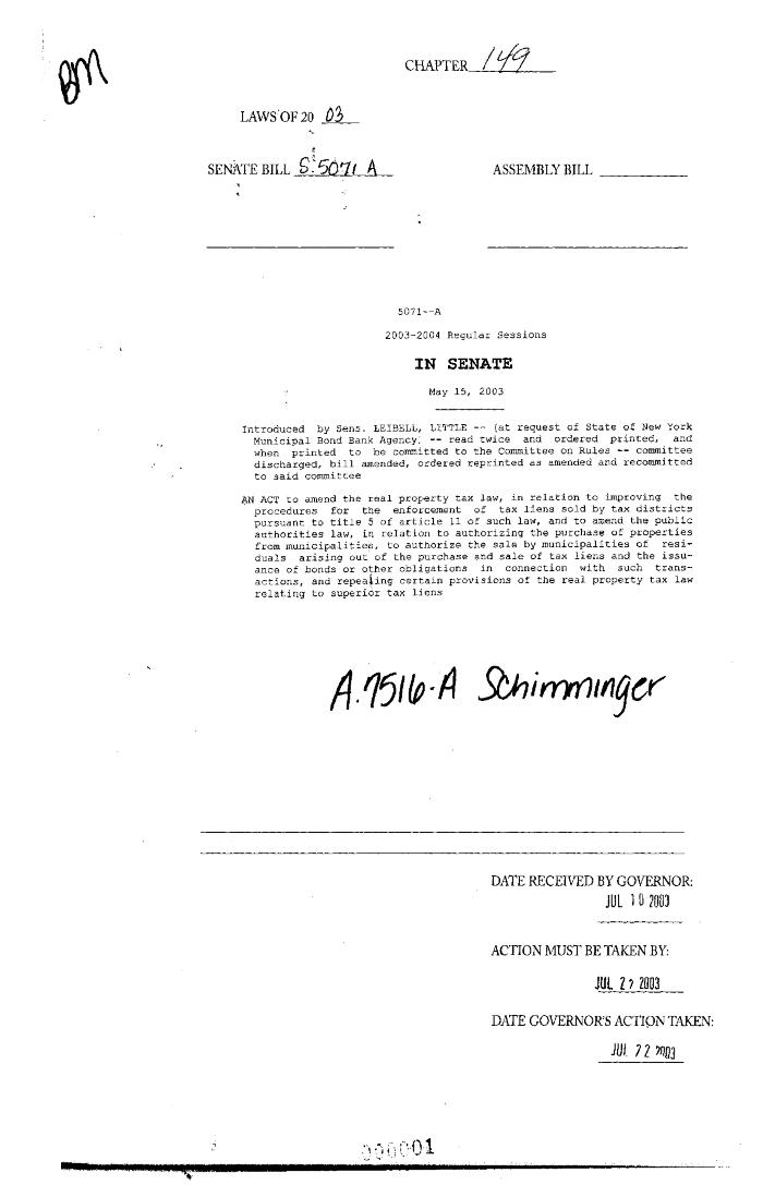 NYS Bill and Veto Jackets: 2003, Chapter 149