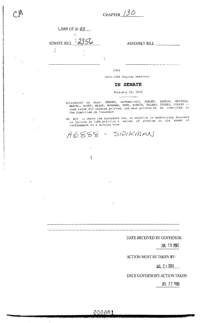 NYS Bill and Veto Jackets: 2003, Chapter 130