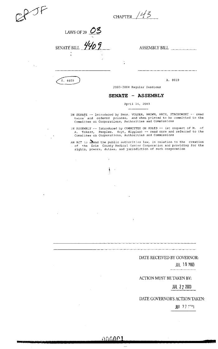 NYS Bill and Veto Jackets: 2003, Chapter 143