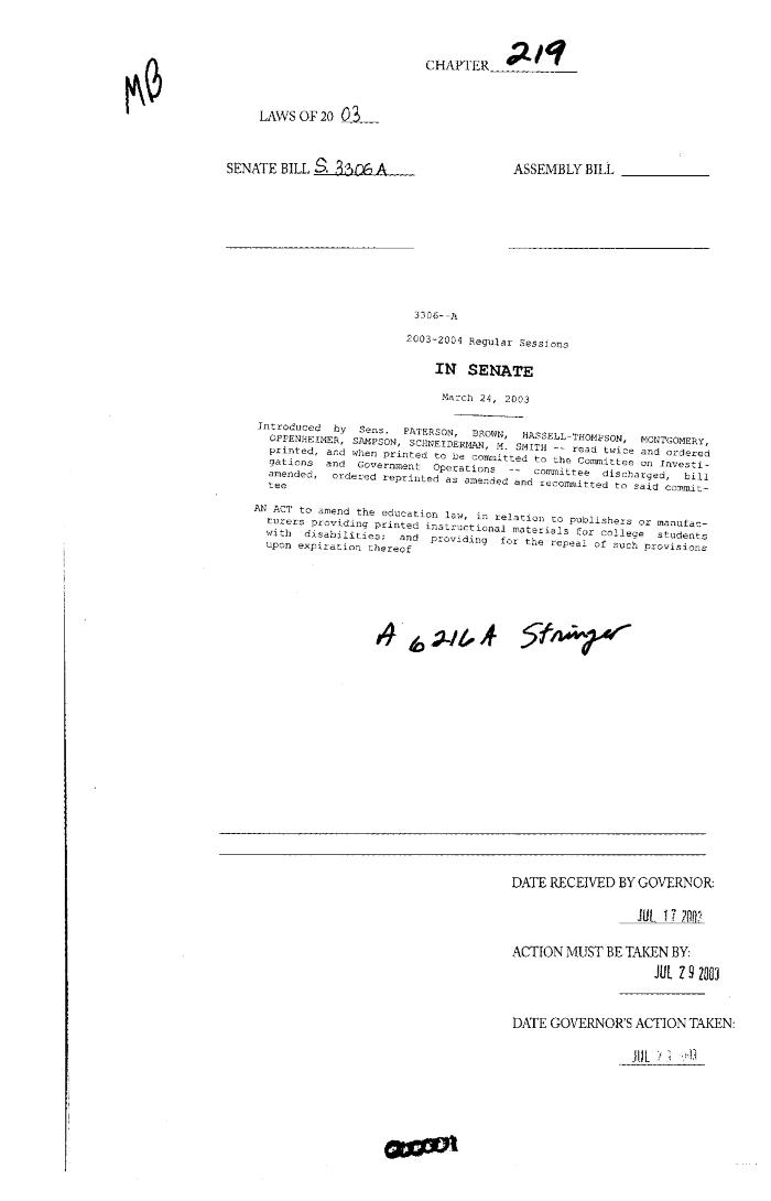 NYS Bill and Veto Jackets: 2003, Chapter 219