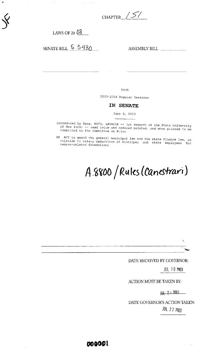 NYS Bill and Veto Jackets: 2003, Chapter 151