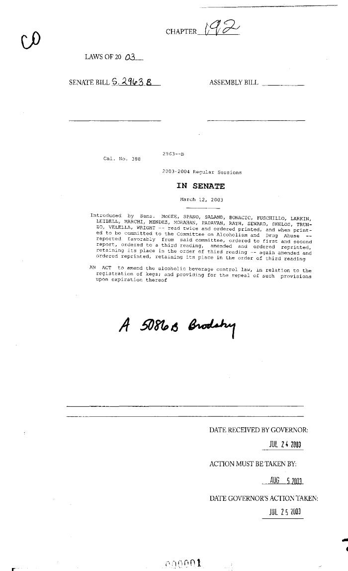 NYS Bill and Veto Jackets: 2003, Chapter 192