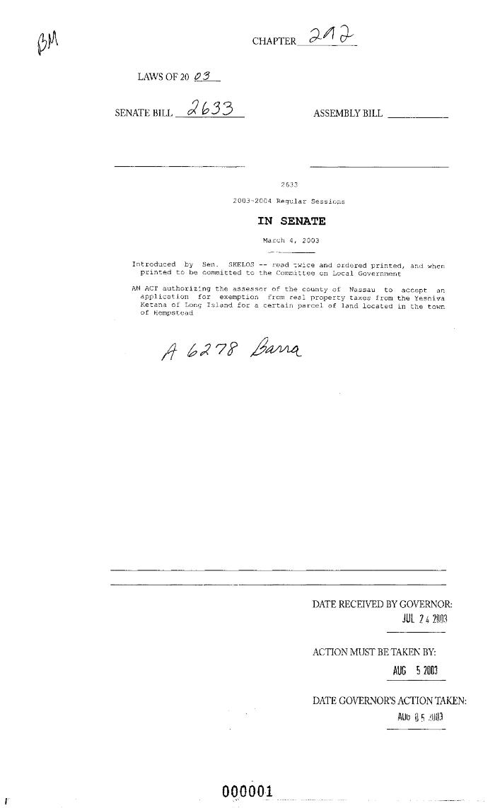 NYS Bill and Veto Jackets: 2003, Chapter 292