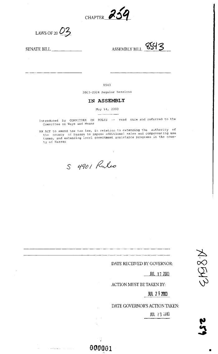 NYS Bill and Veto Jackets: 2003, Chapter 259