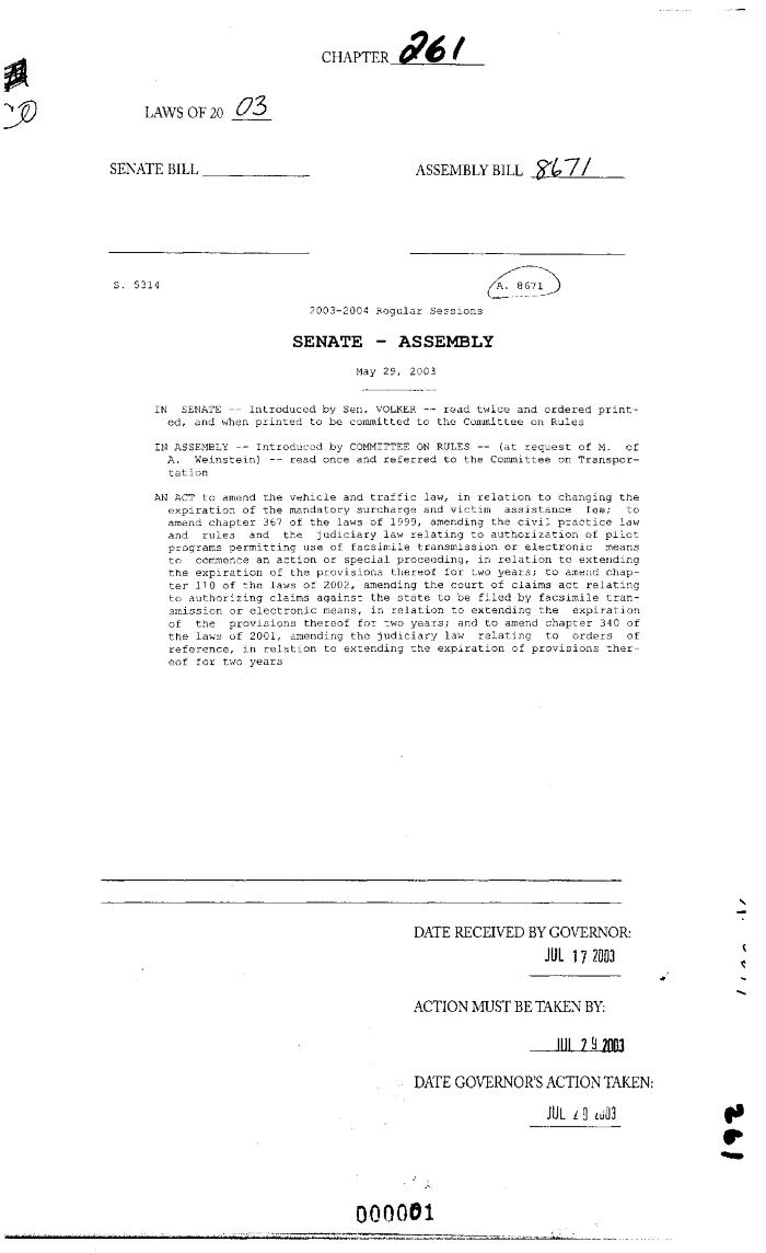 NYS Bill and Veto Jackets: 2003, Chapter 261