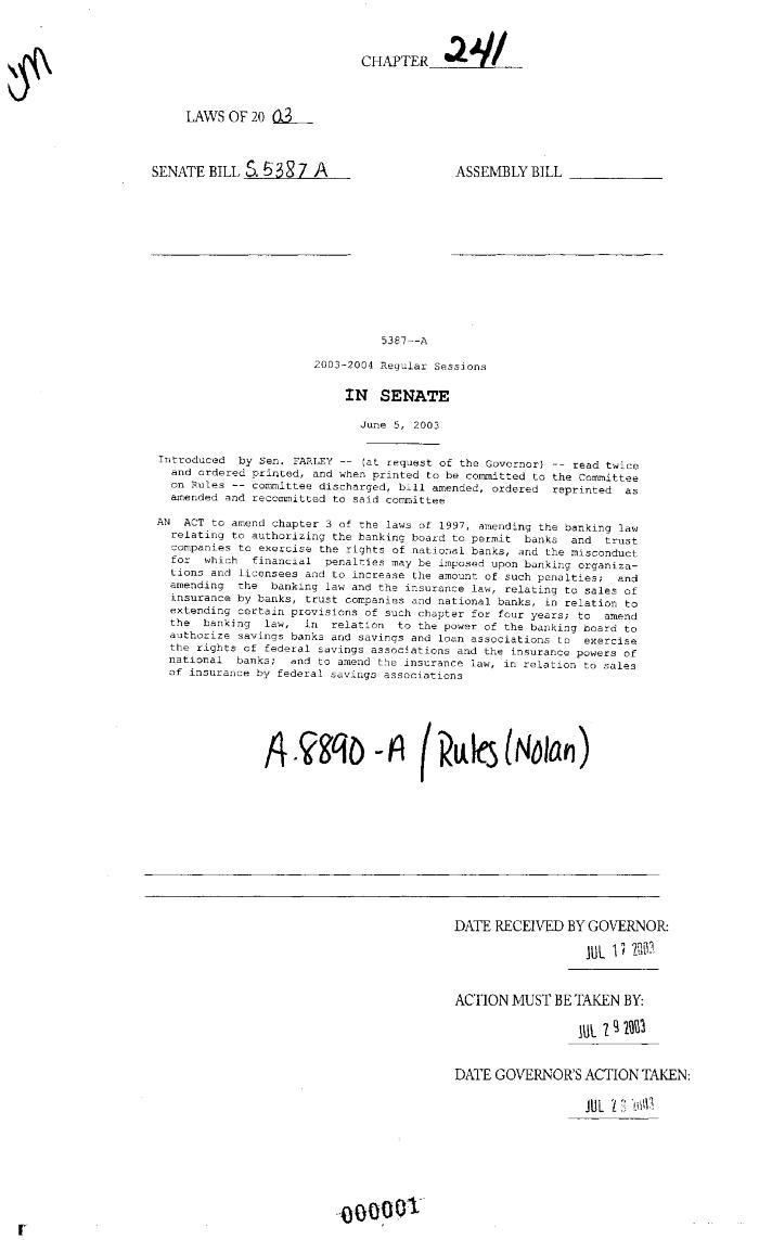 NYS Bill and Veto Jackets: 2003, Chapter 241